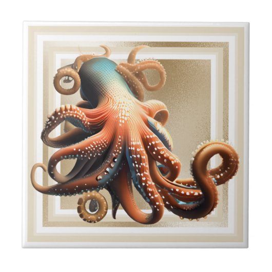Octopus blauw sinaasappel 3D nautisch goud strand Tegeltje (Voorkant)