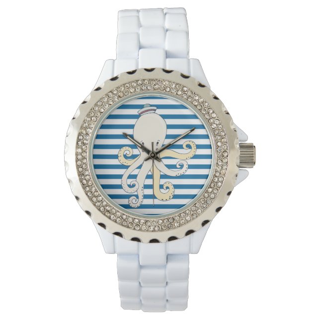 Octopus Blauwe en Witte Horizontale Streep Horloge (Voorkant)