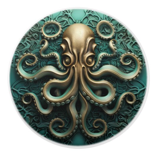 Octopus Blauwgroen en Copper Marine Life Aquatic Keramische Knop (Voorkant)
