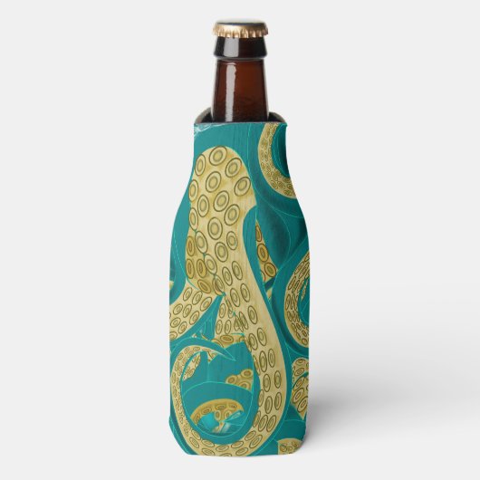 Octopus Blauwgroen Gold Bottle Cooler (Fles Voorkant)