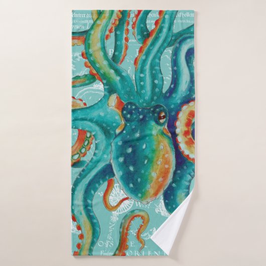 Octopus Blauwgroen Waterverf  kaart Bad Handdoek (Badhanddoek)
