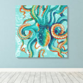 Octopus Blauwgroen Waterverf  kaart Canvas Afdruk (Insitu (Houten vloer))