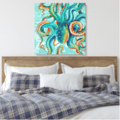 Octopus Blauwgroen Waterverf  kaart Canvas Afdruk (Insitu (Slaapkamer))