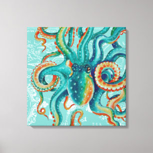 Octopus Blauwgroen Waterverf  kaart Canvas Afdruk