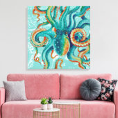 Octopus Blauwgroen Waterverf  kaart Canvas Afdruk (Insitu (Woonkamer))