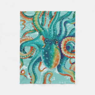 Octopus Blauwgroen Waterverf  kaart Fleece Deken