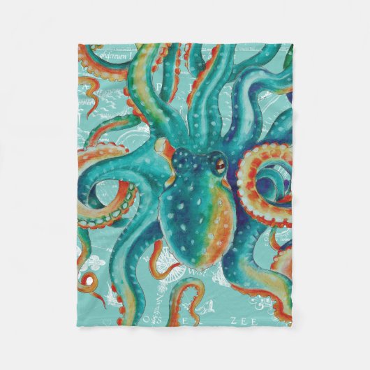 Octopus Blauwgroen Waterverf  kaart Fleece Deken (Voorkant)