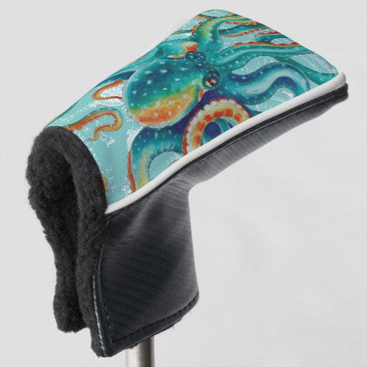 Octopus Blauwgroen Waterverf kaart Golfheadcover (3/4 voorkant)