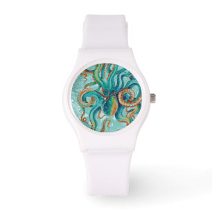 Octopus Blauwgroen Waterverf  kaart Horloge