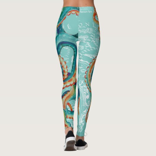 Octopus Blauwgroen Waterverf  kaart Leggings (Achterkant)
