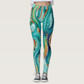 Octopus Blauwgroen Waterverf  kaart Leggings (Voorkant)
