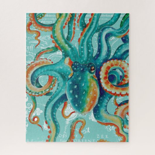 Octopus Blauwgroen Waterverf  kaart Legpuzzel (Verticaal)