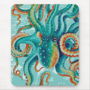 Octopus Blauwgroen Waterverf  kaart Muismat