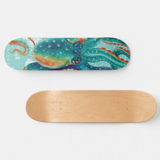 Octopus Blauwgroen Waterverf  kaart Persoonlijk Skateboard (Horizontaal)