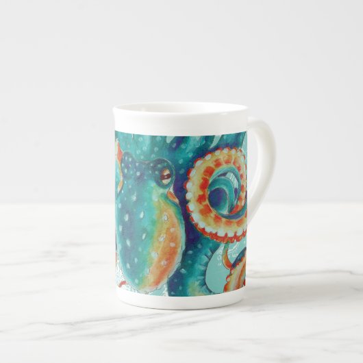 Octopus Blauwgroen Waterverf kaart Porselein Kop (Voorkant rechts)