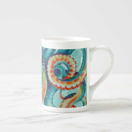 Octopus Blauwgroen Waterverf  kaart Porselein Kop (Rechts)