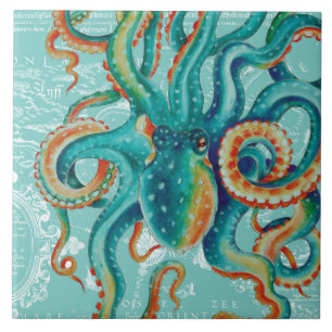 Octopus Blauwgroen Waterverf  kaart Tegeltje