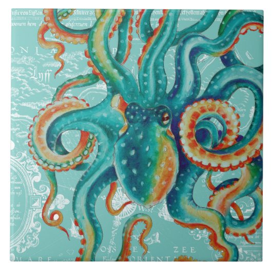 Octopus Blauwgroen Waterverf  kaart Tegeltje (Voorkant)