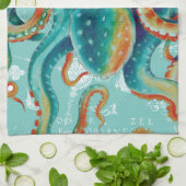 Octopus Blauwgroen Waterverf kaart Theedoek (Gevouwen)