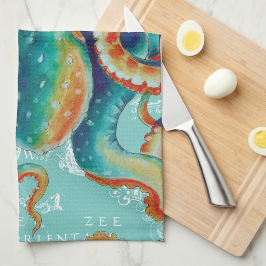 Octopus Blauwgroen Waterverf  kaart Theedoek (Quarter Fold)