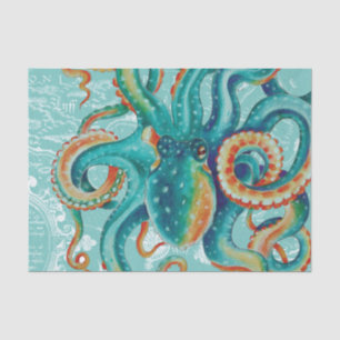 Octopus Blauwgroen Waterverf  kaart Tissuepapier