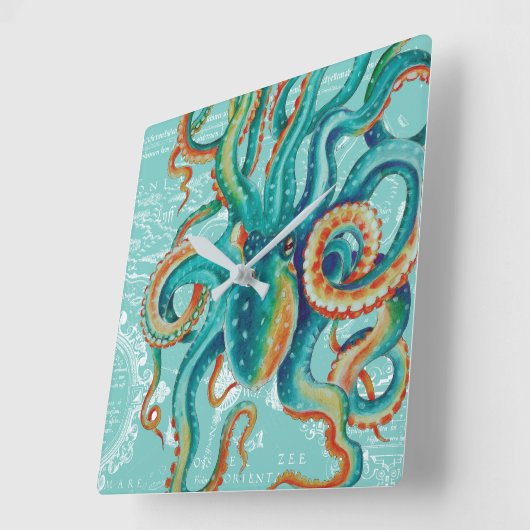 Octopus Blauwgroen Waterverf  kaart Vierkante Klok (Hoek)