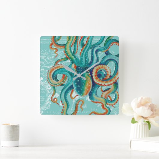 Octopus Blauwgroen Waterverf  kaart Vierkante Klok (Huis)