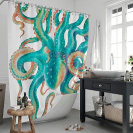 Octopus Blauwgroen Waterverf kunst Douchegordijn