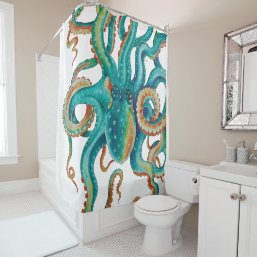 Octopus Blauwgroen Waterverf kunst Douchegordijn (In situ)