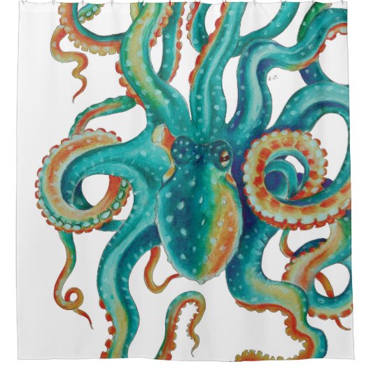 Octopus Blauwgroen Waterverf kunst Douchegordijn (Voorkant)