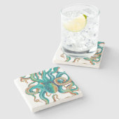 Octopus Blauwgroen Waterverf kunst Stenen Onderzetter (Zijkant)