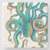 Octopus Blauwgroen Waterverf kunst Stenen Onderzetter (Voorkant)