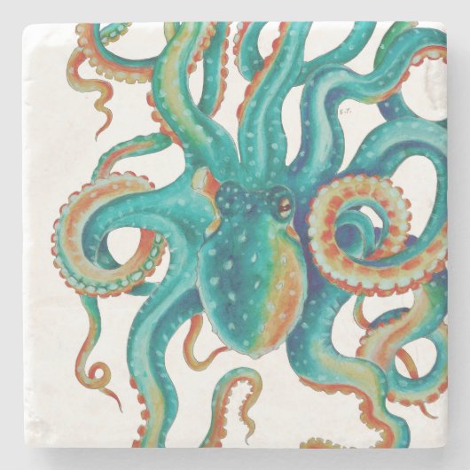 Octopus Blauwgroen Waterverf kunst Stenen Onderzetter (Voorkant)