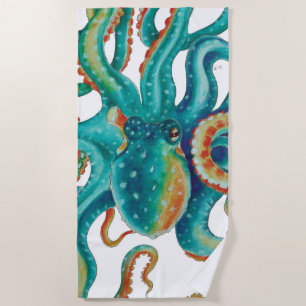 Octopus Blauwgroen Waterverf kunst Strandlaken