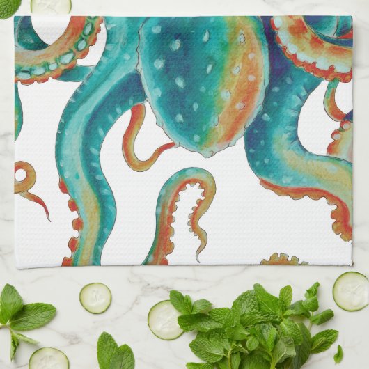 Octopus Blauwgroen Waterverf kunst Theedoek (Gevouwen)