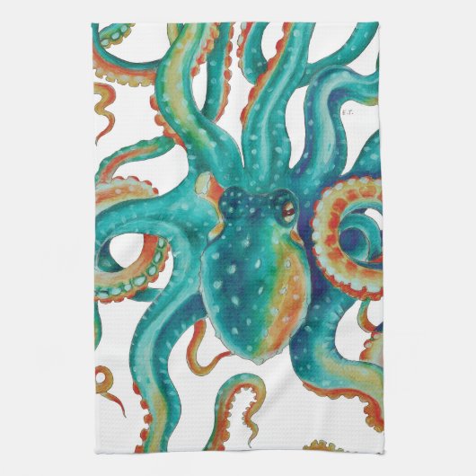 Octopus Blauwgroen Waterverf kunst Theedoek (Verticaal)