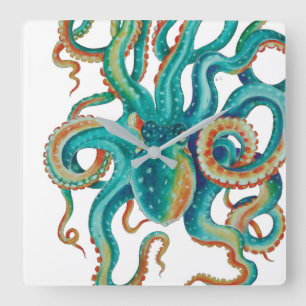 Octopus Blauwgroen Waterverf kunst Vierkante Klok