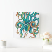 Octopus Blauwgroen Waterverf kunst Vierkante Klok (Huis)
