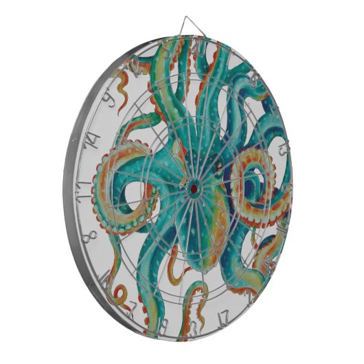 Octopus Blauwgroen Waterverf Tentakels Waterverf Dartbord (Voorkant Links)