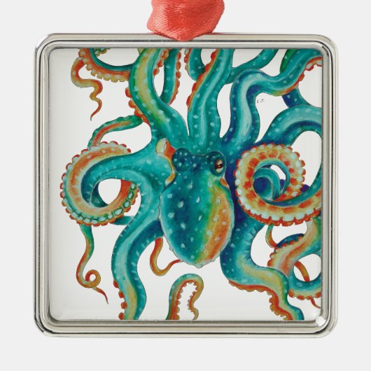 Octopus Blauwgroen Waterverf Tentakels Waterverf Metalen Ornament (Voorkant)