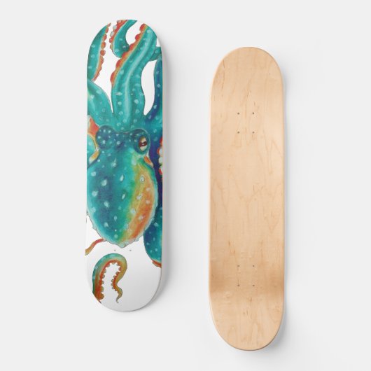 Octopus Blauwgroen Waterverf Tentakels Waterverf Persoonlijk Skateboard (Voorkant)