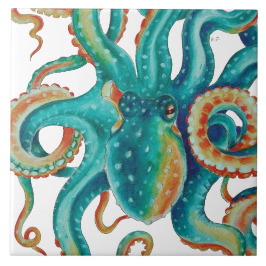 Octopus Blauwgroen Waterverf Tentakels Waterverf Tegeltje (Voorkant)