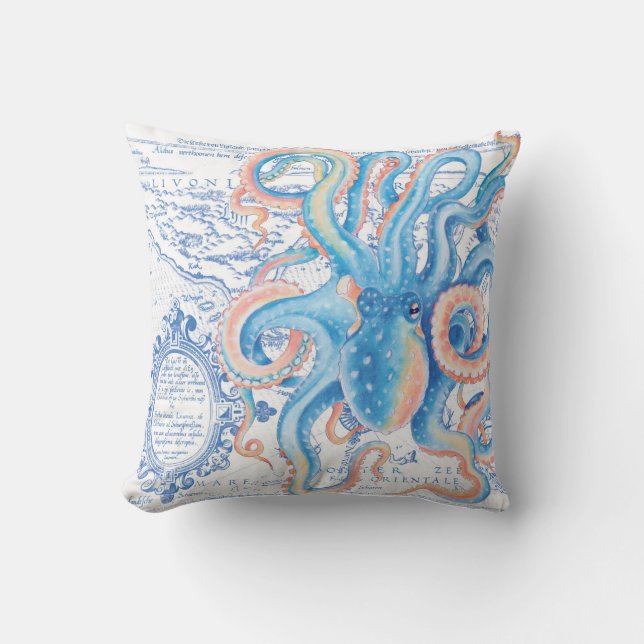 Octopus Blue  Map grafische Waterverf Kussen (Voorkant)