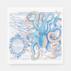 Octopus Blue Map grafische Waterverf Servet