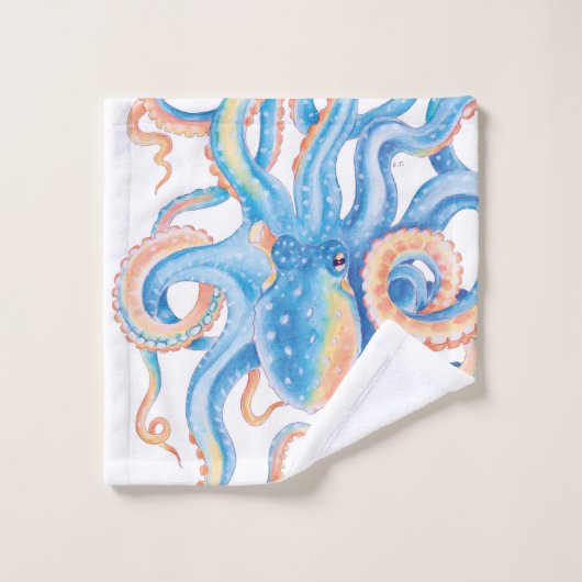 Octopus Blue Waterverf Art Bad Handdoek (Wasdoekje)