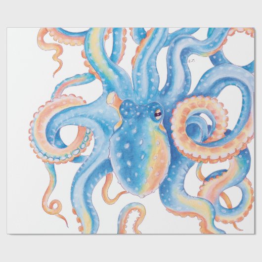 Octopus Blue Waterverf Art Cadeaupapier (Vlak)