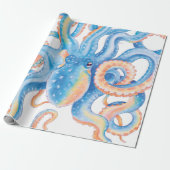 Octopus Blue Waterverf Art Cadeaupapier (Uitgerold)