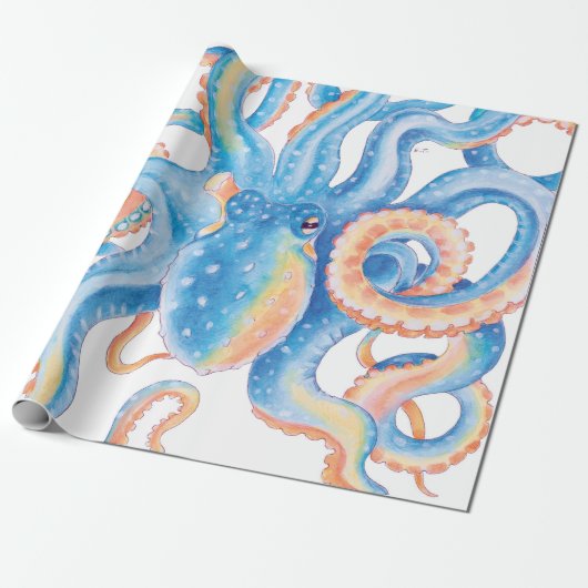 Octopus Blue Waterverf Art Cadeaupapier (Uitgerold)