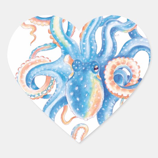 Octopus Blue Waterverf Art Hart Sticker (Voorkant)
