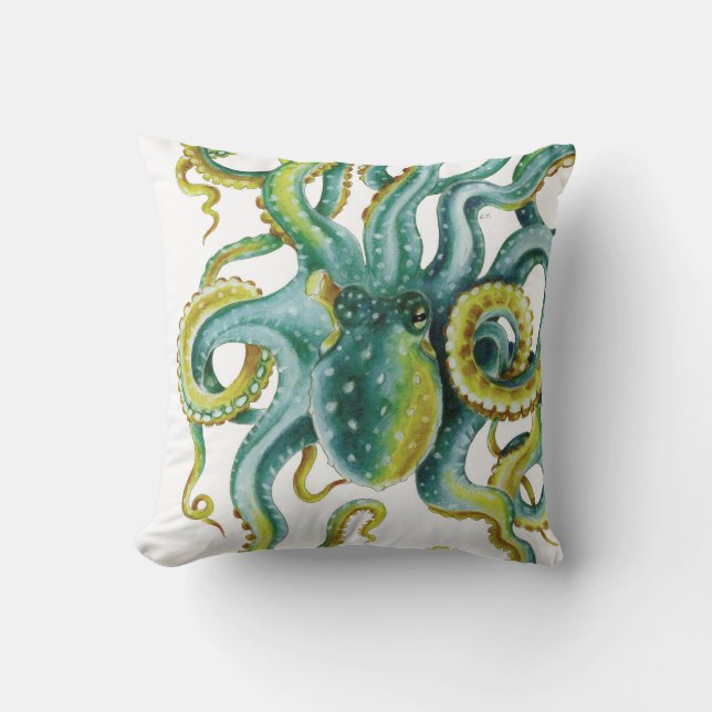 Octopus Blue Waterverf Art Kussen (Voorkant)